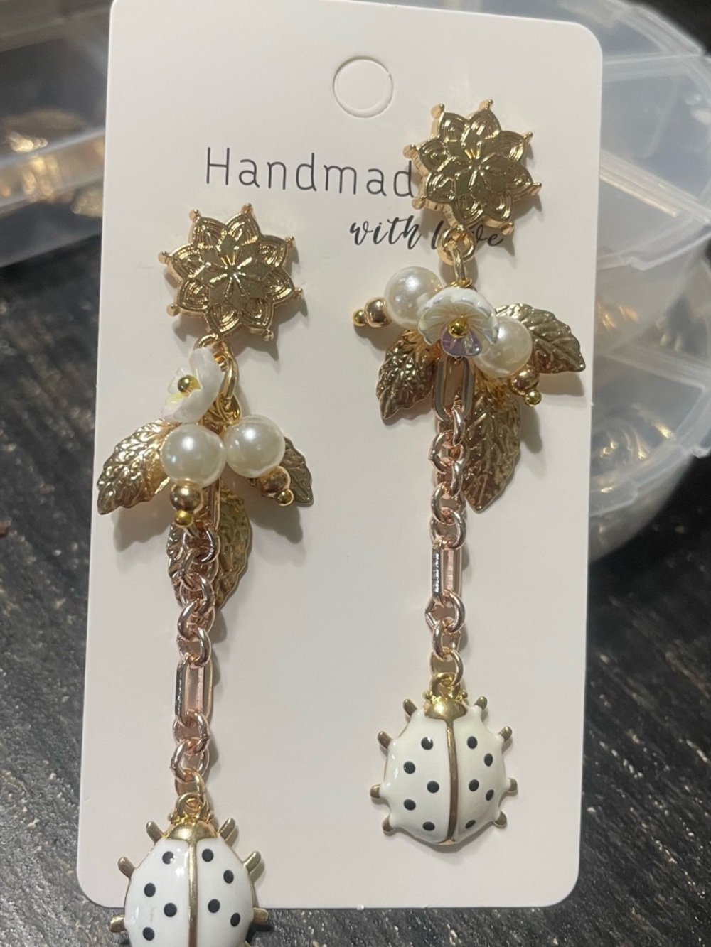 Gold Floral Pearl Drop Earrings with White Polka Dot Ladybug - Picture 3 of 11